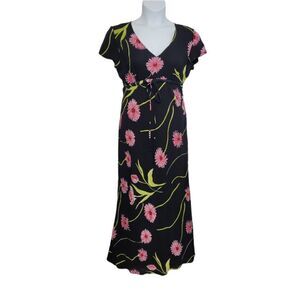 VINTAGE 90s dress pink daisy black empire‎ waist short sleeve maxi M